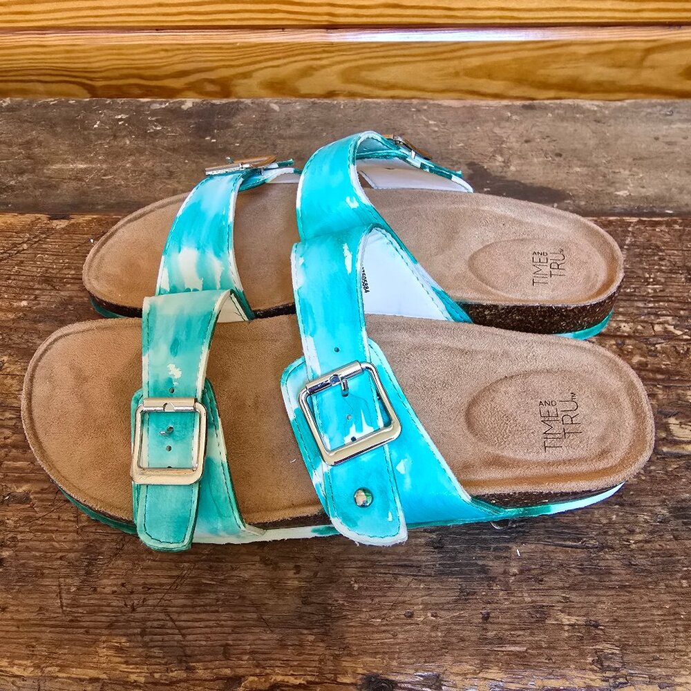 Never worn size 8 hand-colored tie-dye Birk-style sandals!